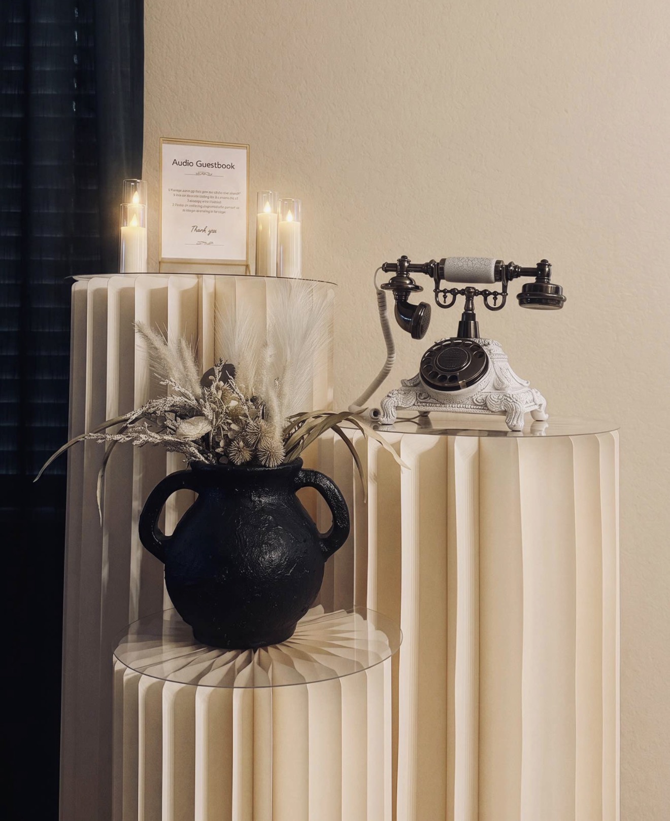 Sweet Echo Events audio guestbook phone styled with its sign and candles